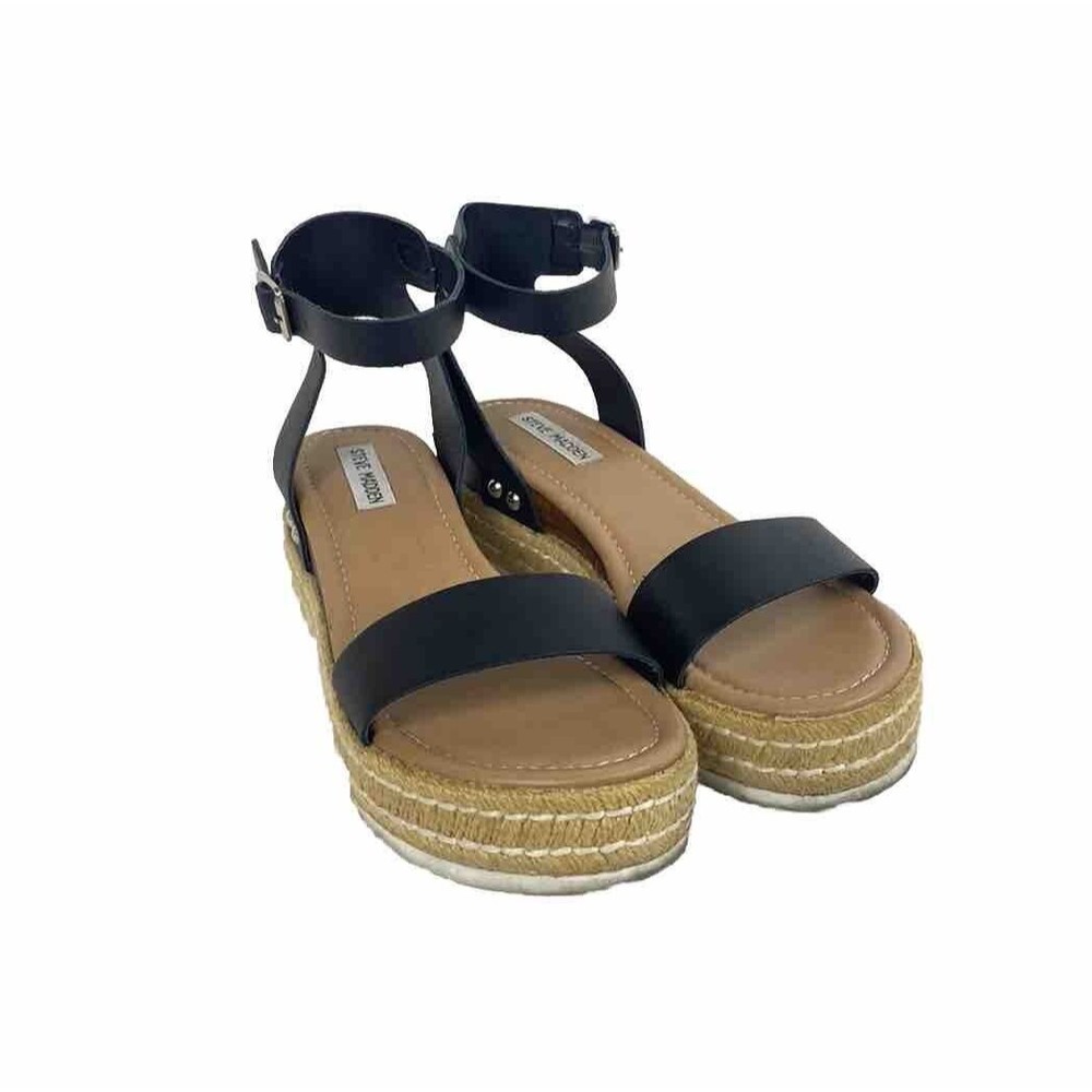 Steve Madden Espadrille Sandals Womens Size 9M Slingback Black Leather Open Toe
